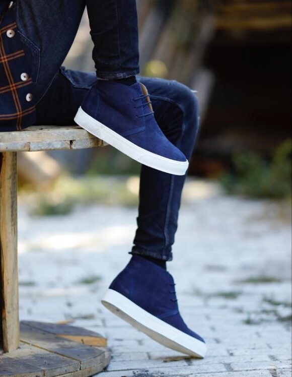 Blue Suede Leather Ankle Boots