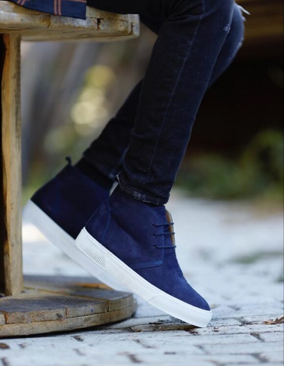 Blue Suede Leather Ankle Boots