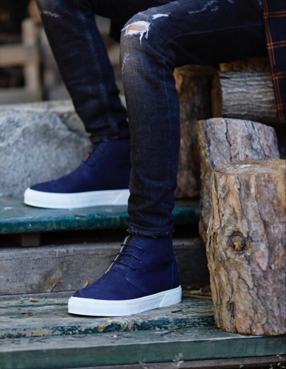 Blue Suede Leather Ankle Boots
