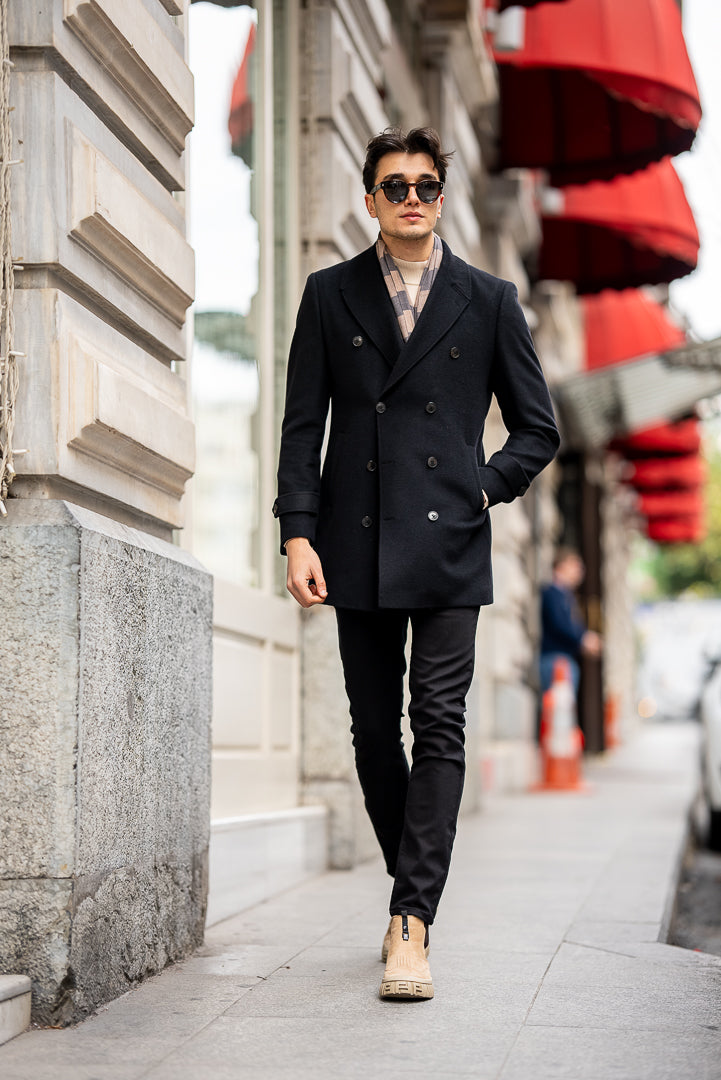 Men's Black Double Breasted Long Coat