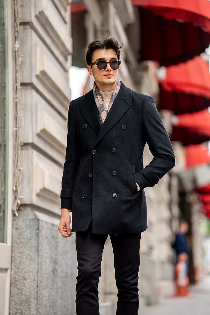 Men's Black Double Breasted Long Coat