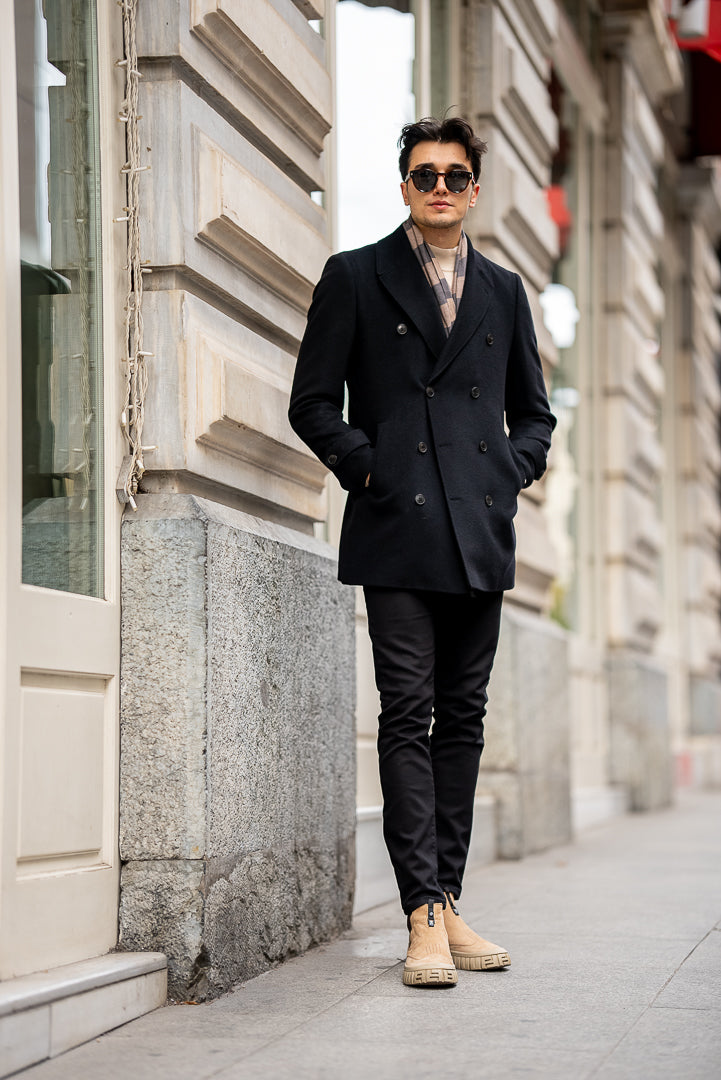 Men's Black Double Breasted Long Coat