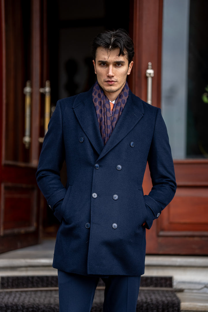 Men's Blue Double Breasted Long Coat