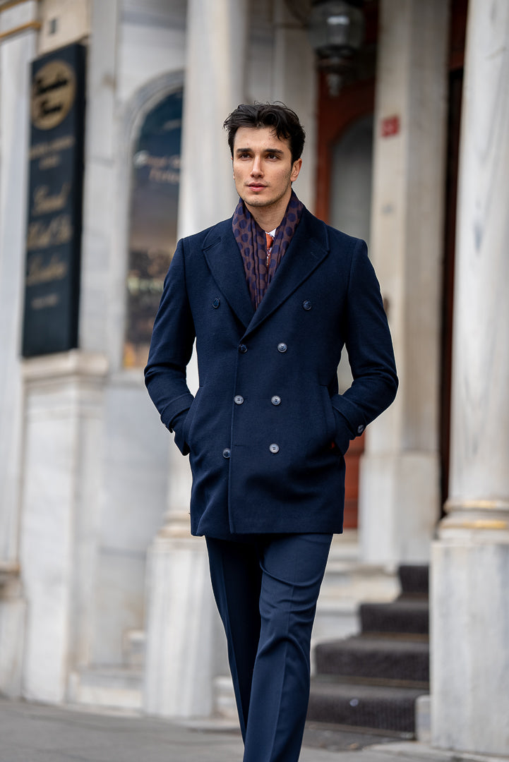 Men's Blue Double Breasted Long Coat