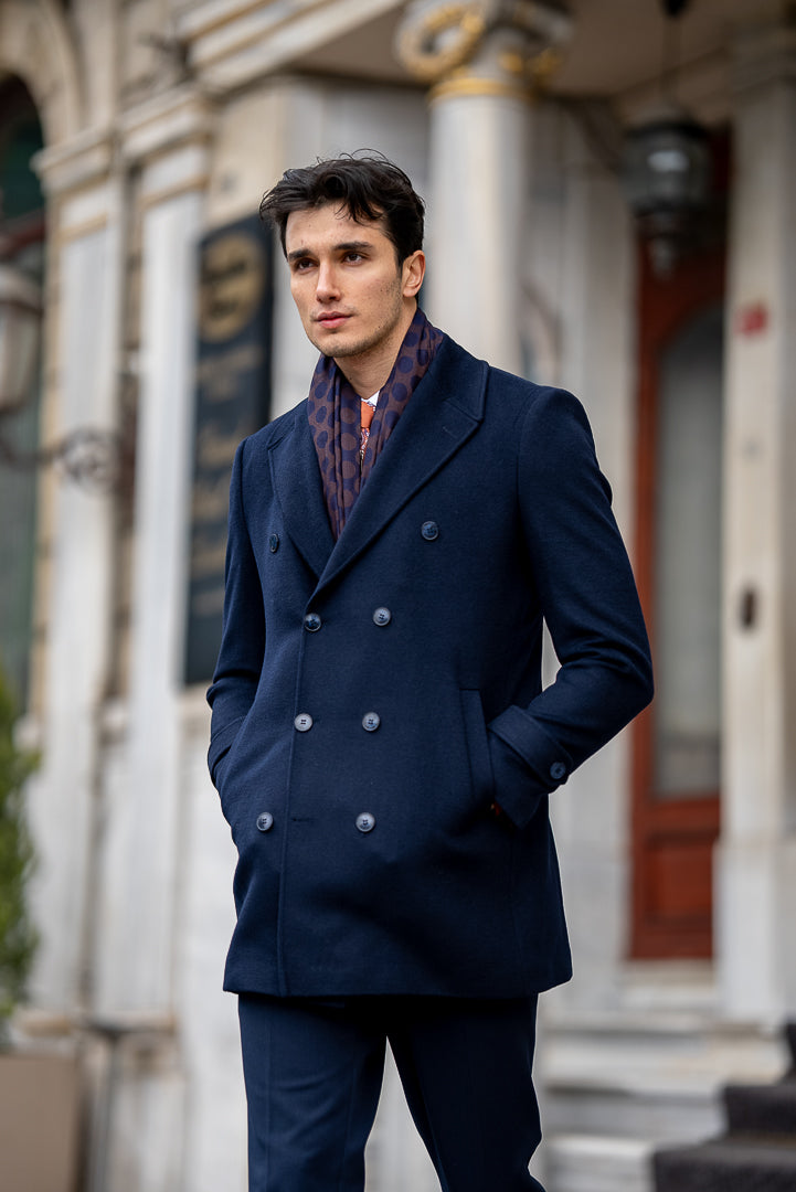Men's Blue Double Breasted Long Coat