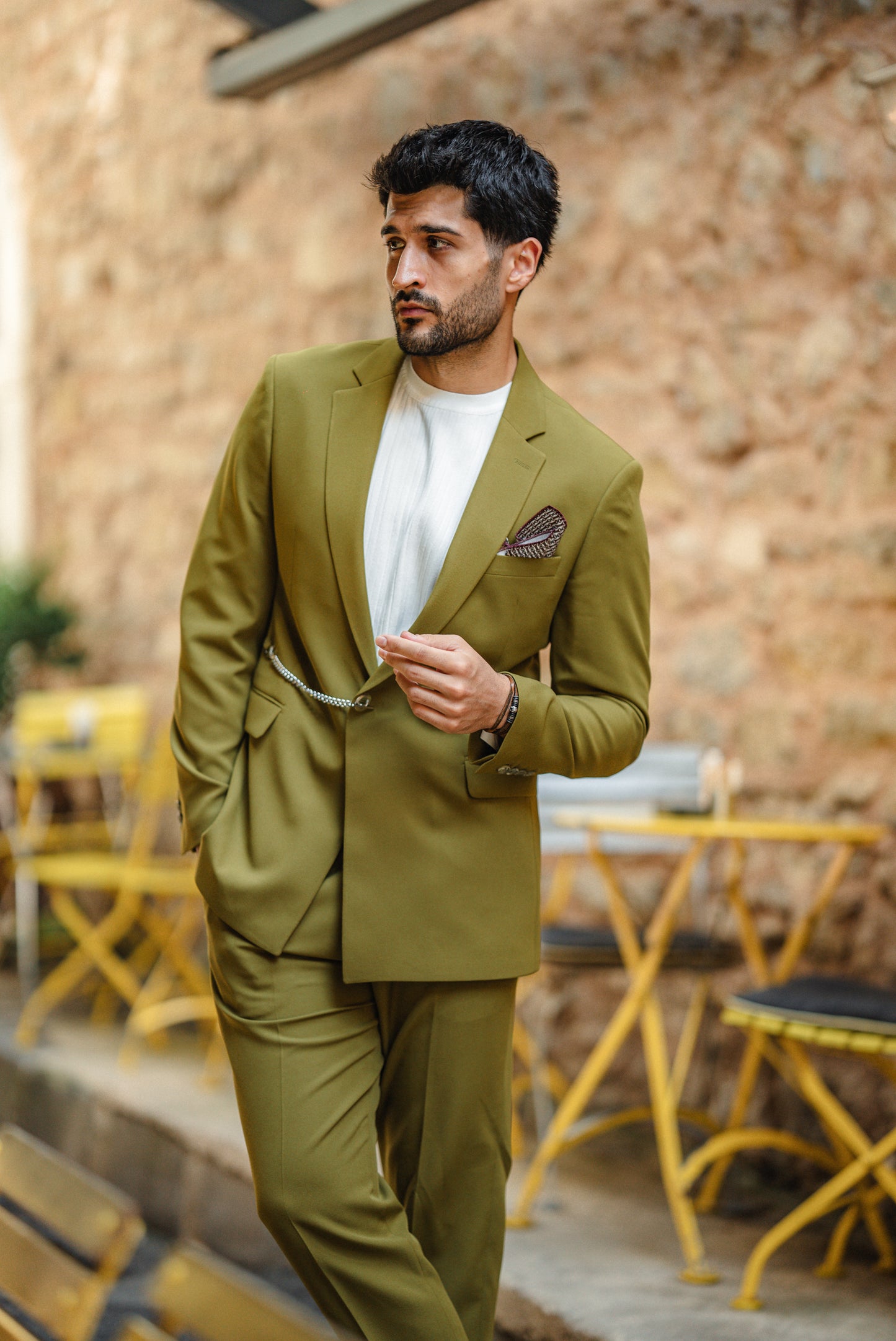 Green Chain Detail Mono Collar Suit