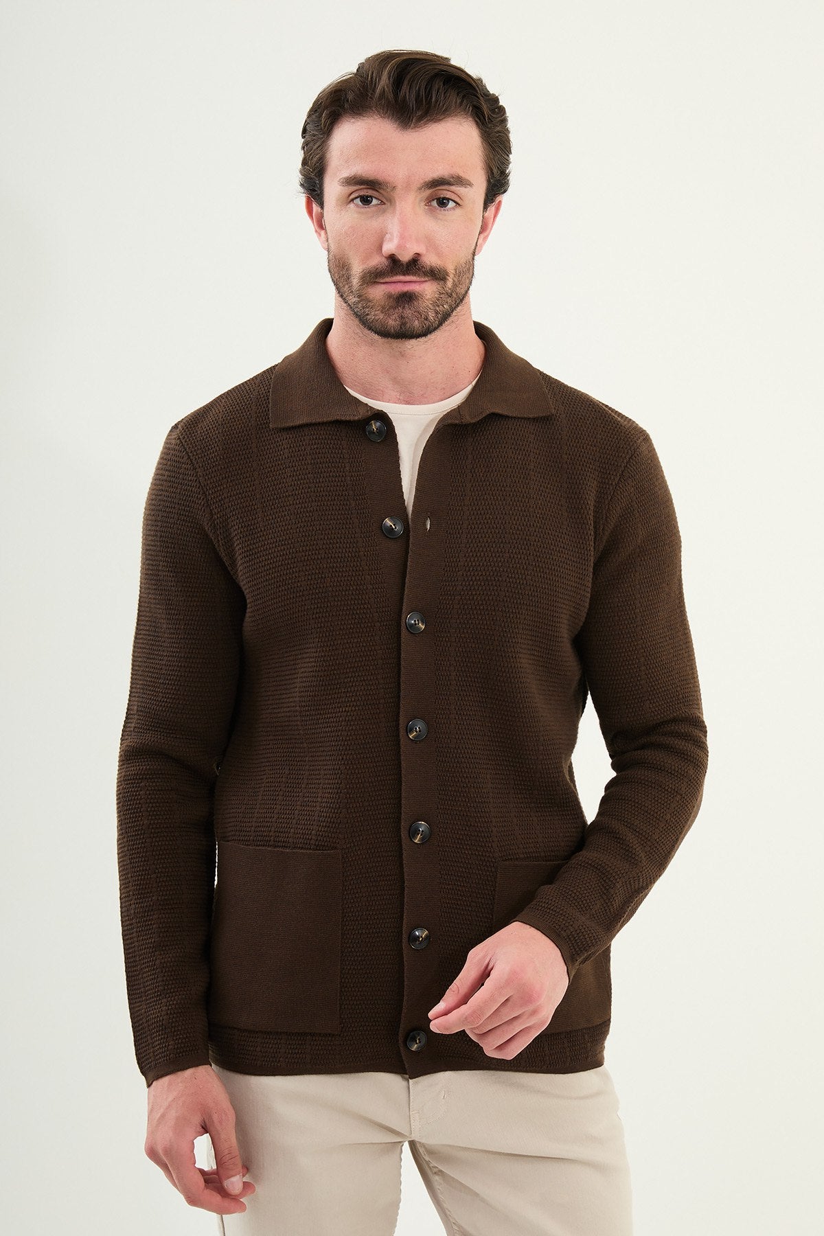 Beige Knitwear Slim Fit Sweater
