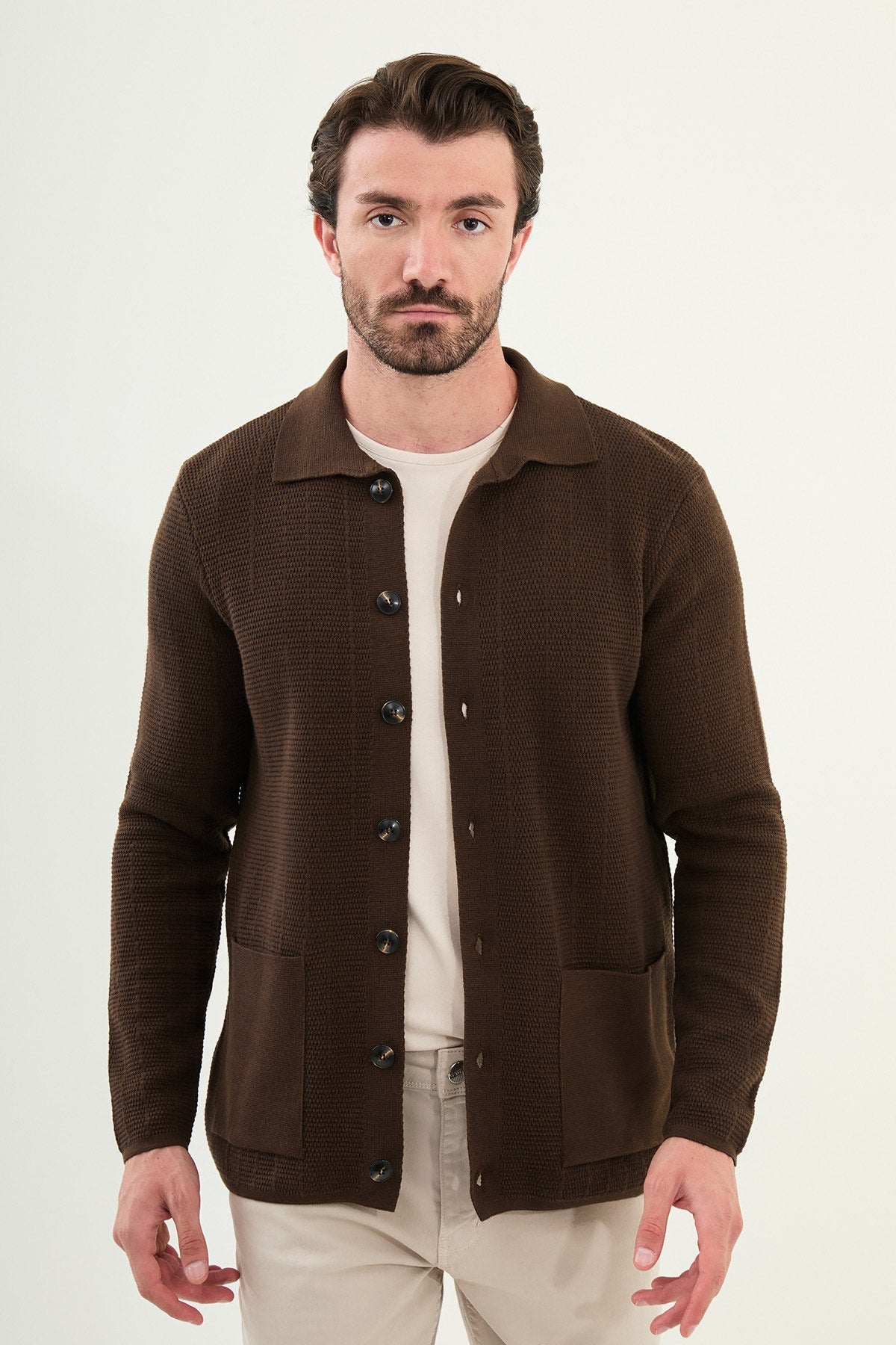 Beige Knitwear Slim Fit Sweater