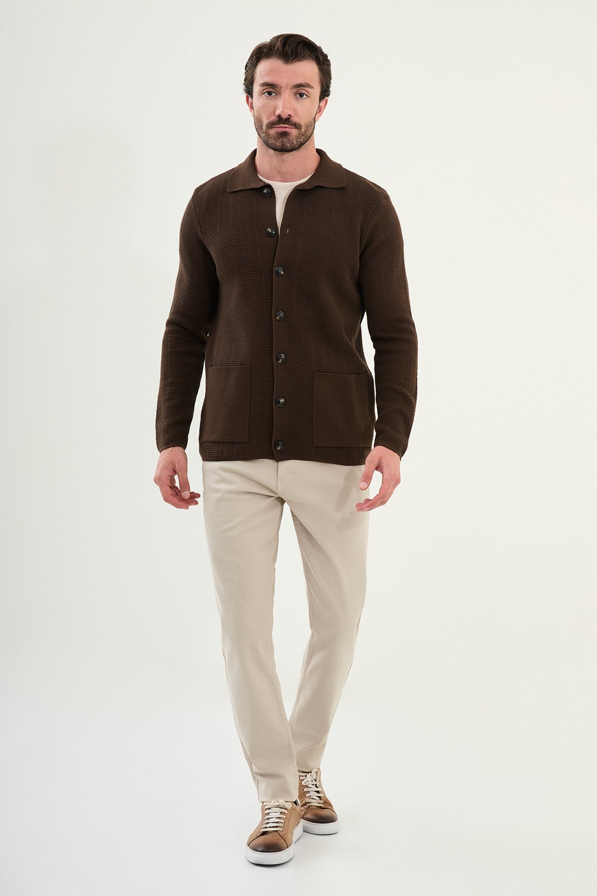 Beige Knitwear Slim Fit Sweater