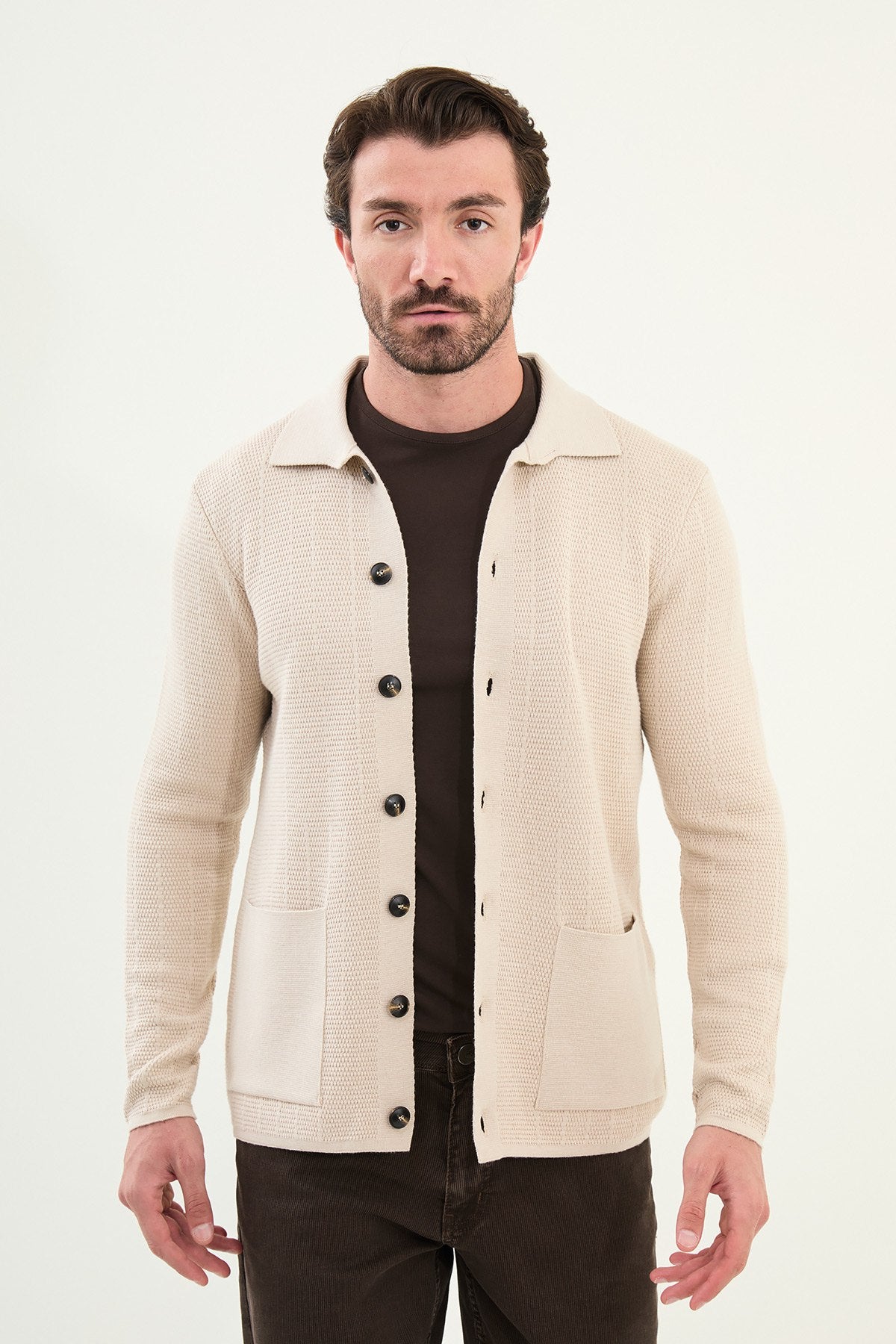 Beige Knitwear Slim Fit Sweater