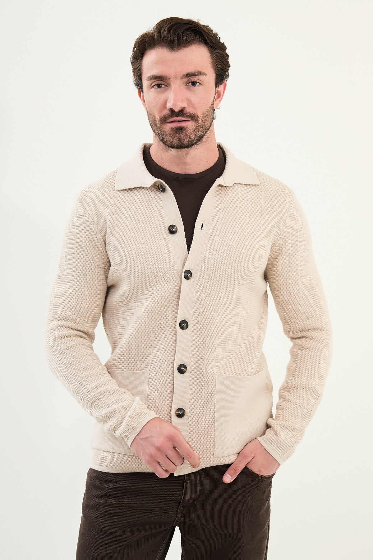 Beige Knitwear Slim Fit Sweater