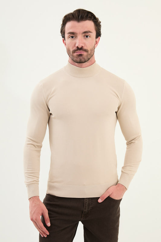Beige Men's Wear Knitwear Slim Fit Turtleneck