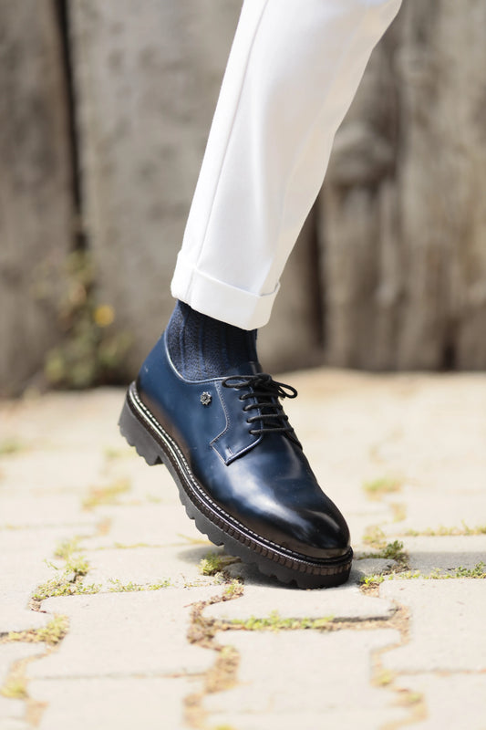 Navy Blue Calf Leather Derby Shoes