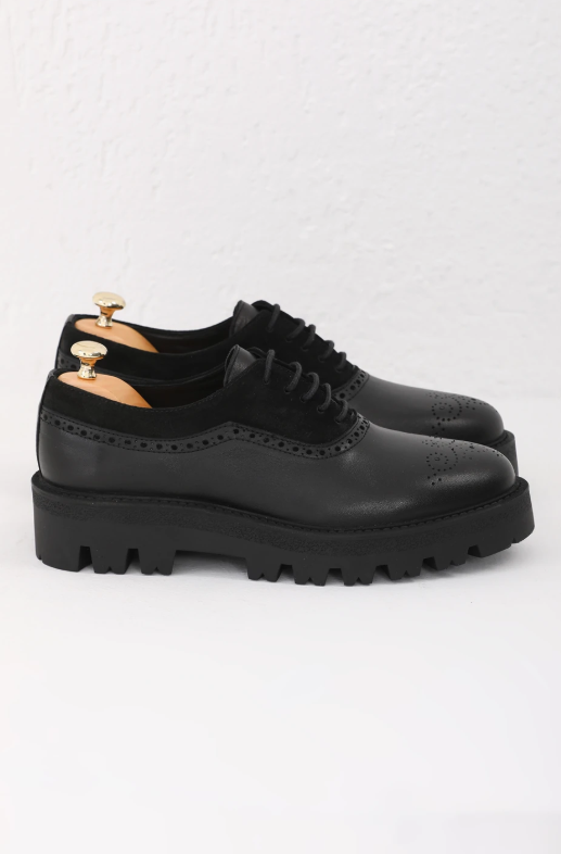 Black High Sole Toe Brogue Laces Shoes