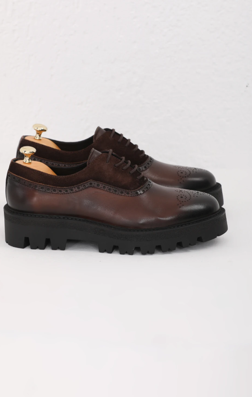 Brown High Sole Toe Brogue Laces Shoes