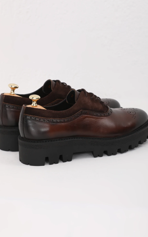 Brown High Sole Toe Brogue Laces Shoes