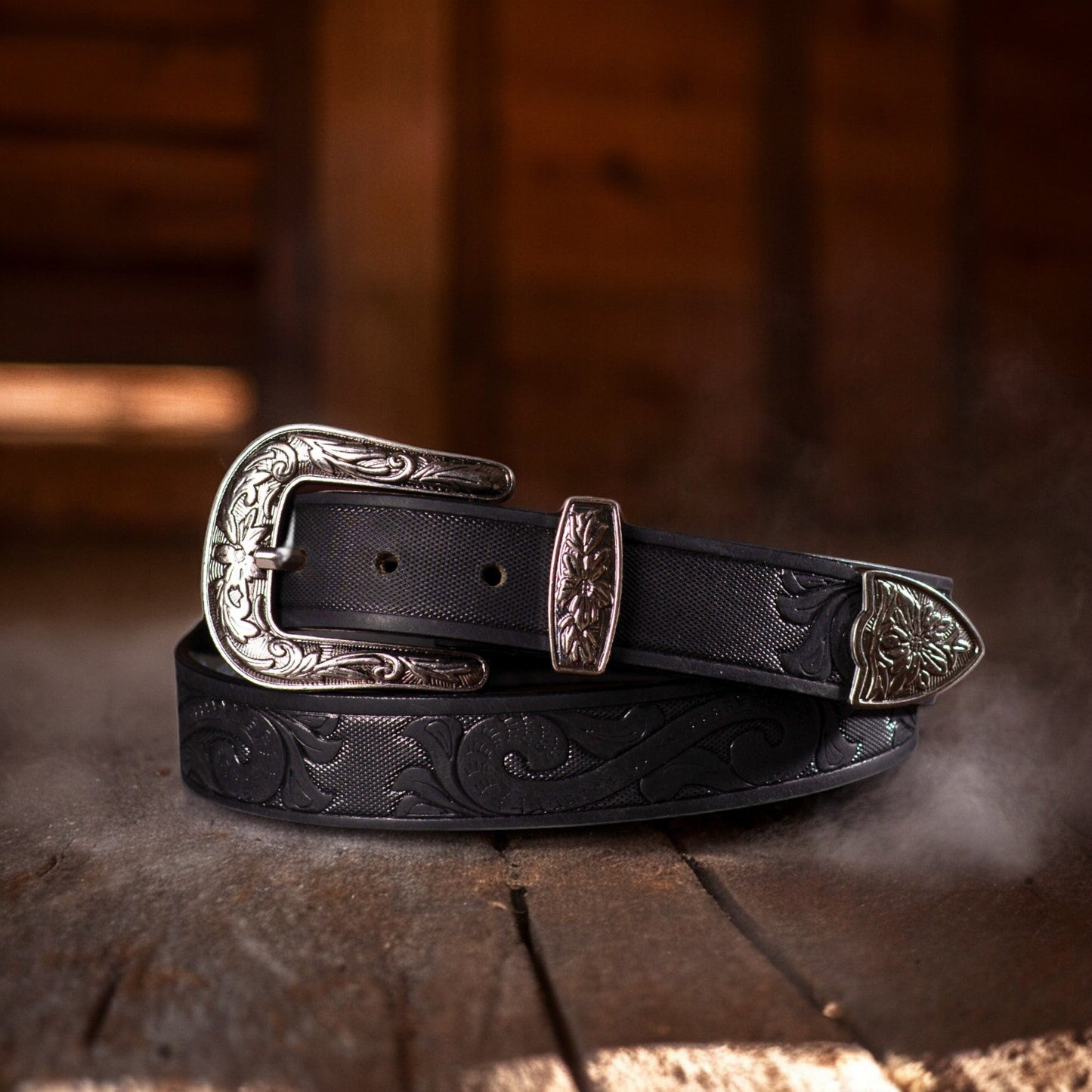 Black Hand-tooled Full-Grain Leather Belt