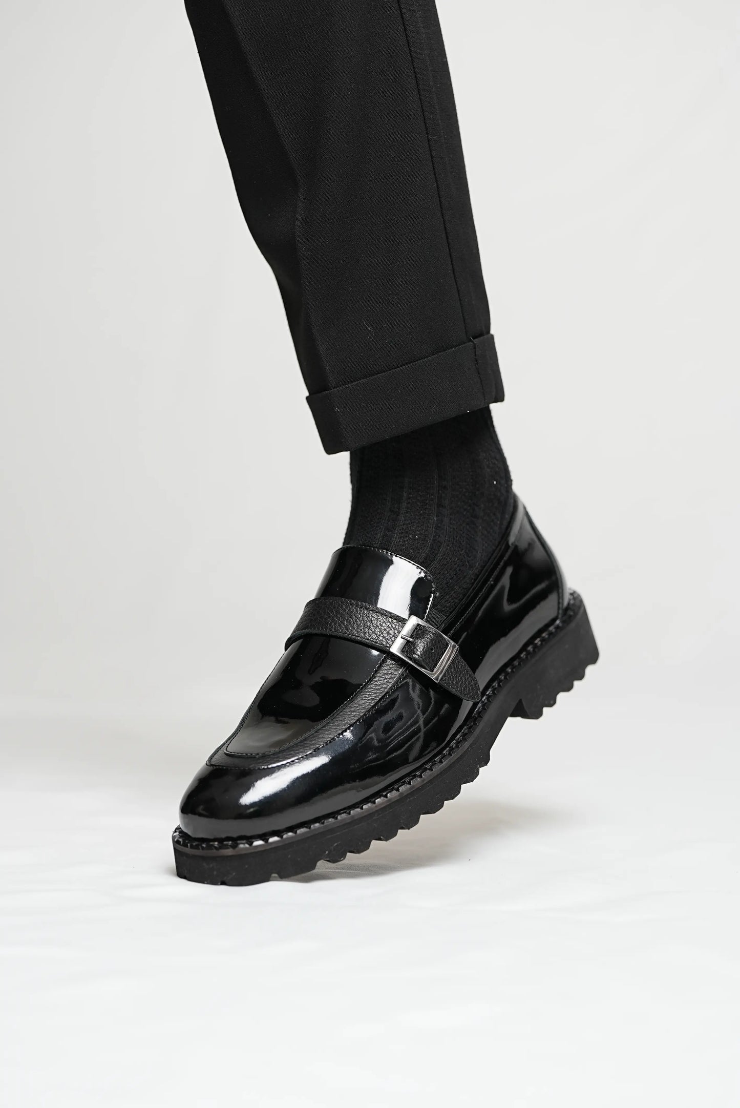 Black Patent Side Buckle Loafers