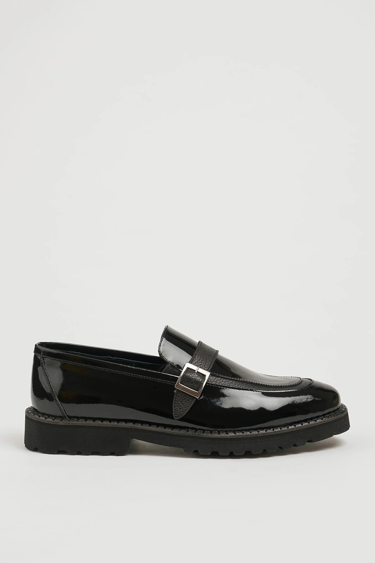 Black Patent Side Buckle Loafers