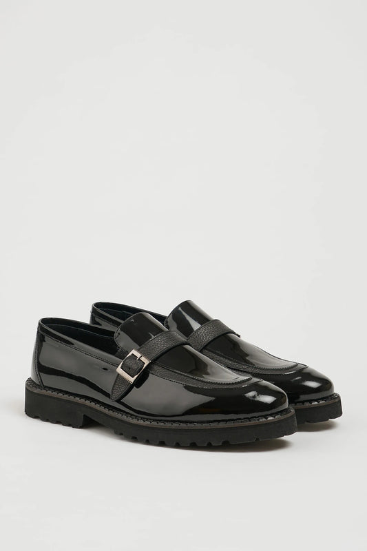Black Patent Side Buckle Loafers