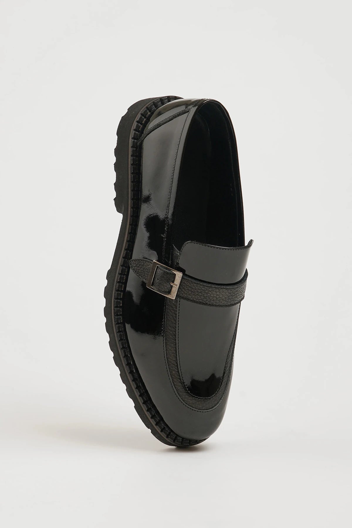 Black Patent Side Buckle Loafers