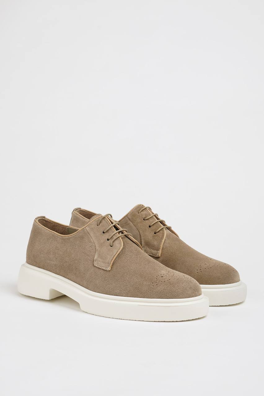 Beige Suede Derby Brogue Laces Shoes