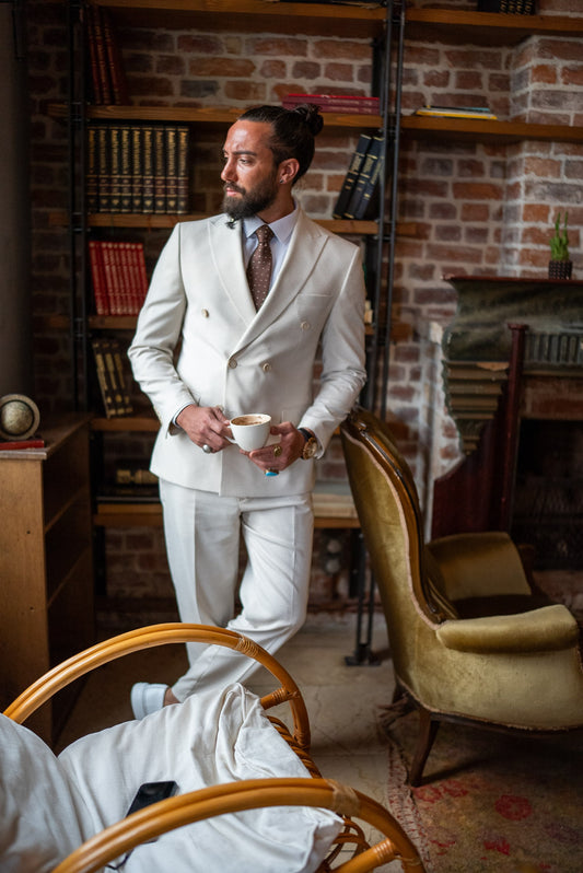 Beige Striped Detailed Double Breasted Suit