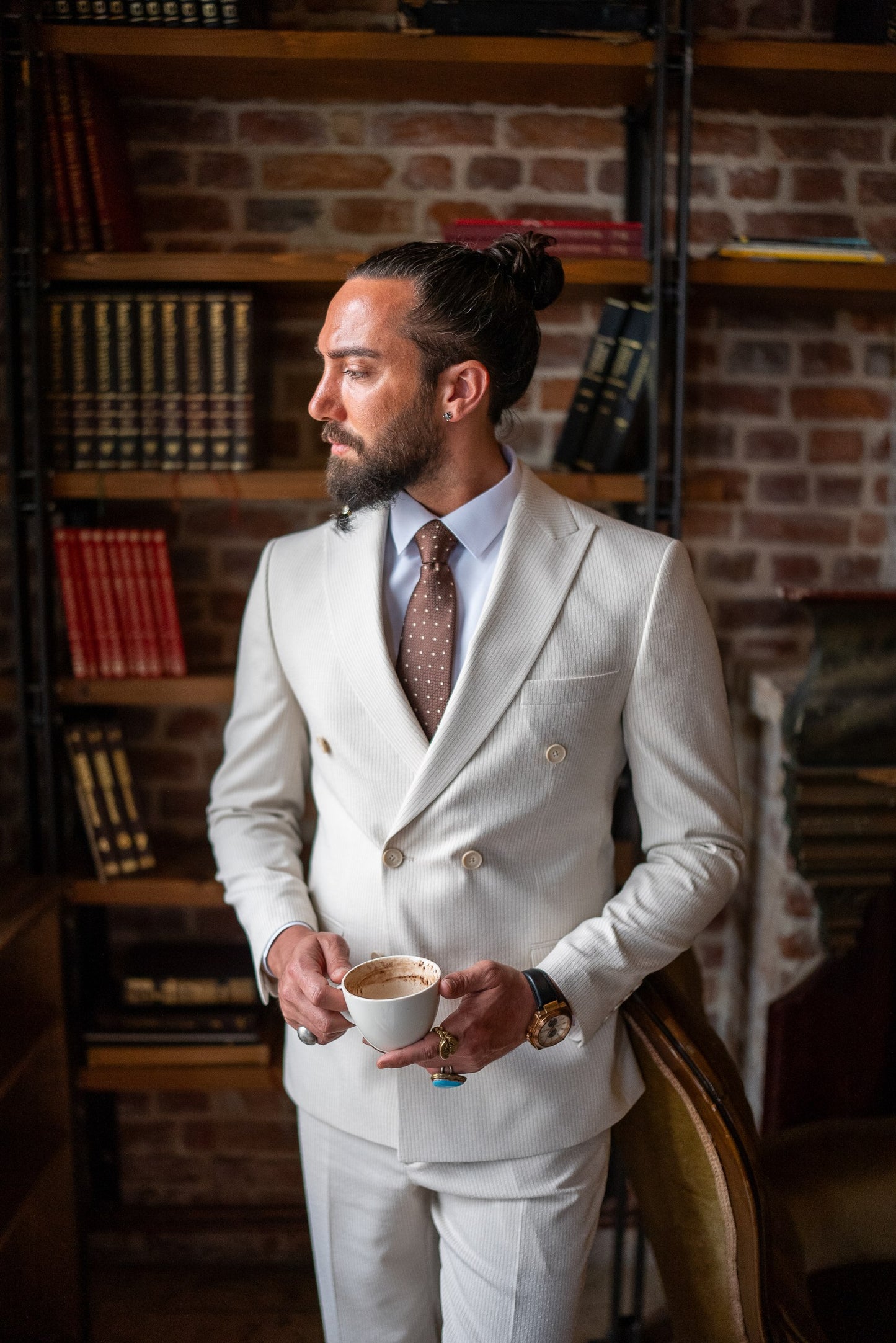 Beige Striped Detailed Double Breasted Suit