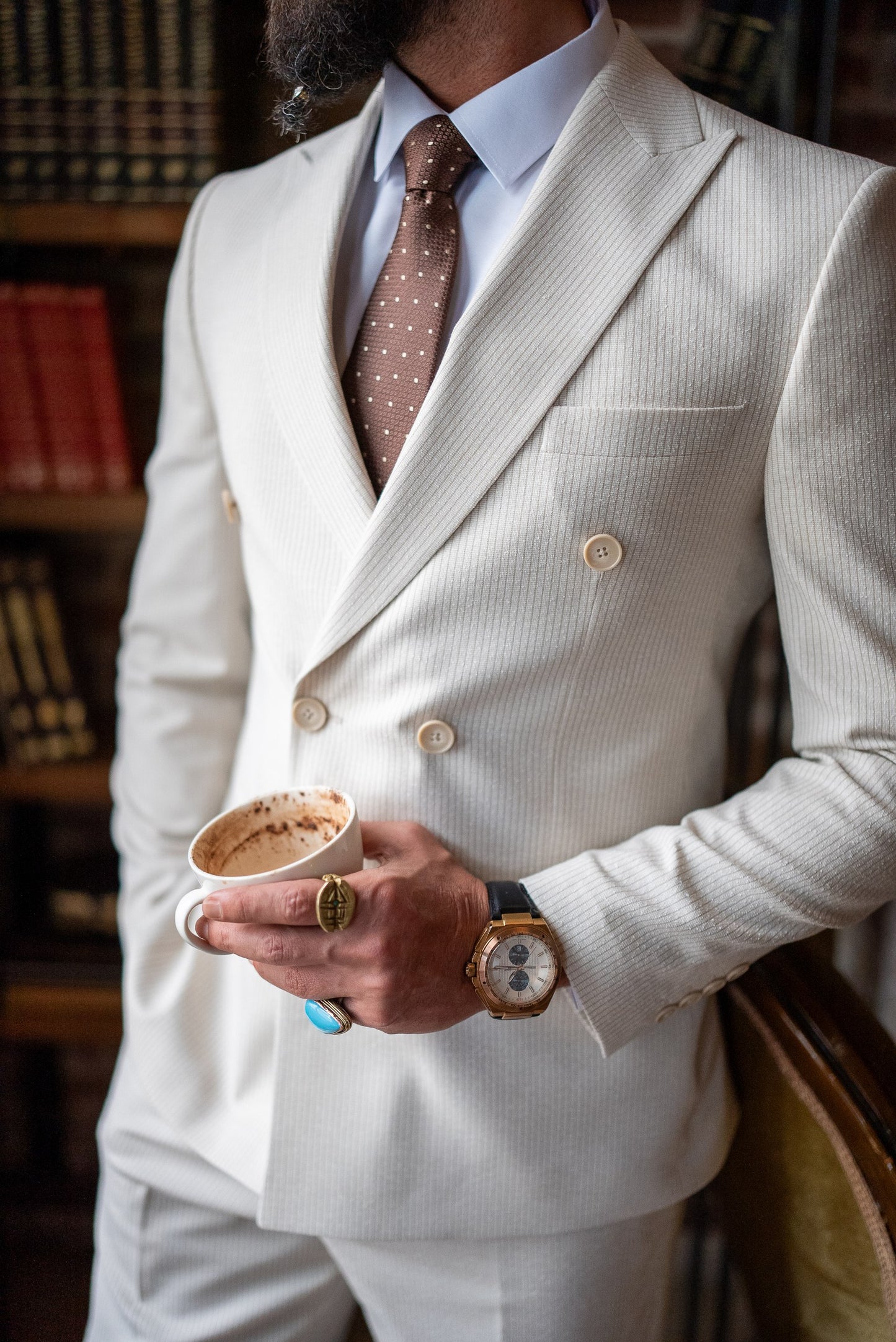 Beige Striped Detailed Double Breasted Suit