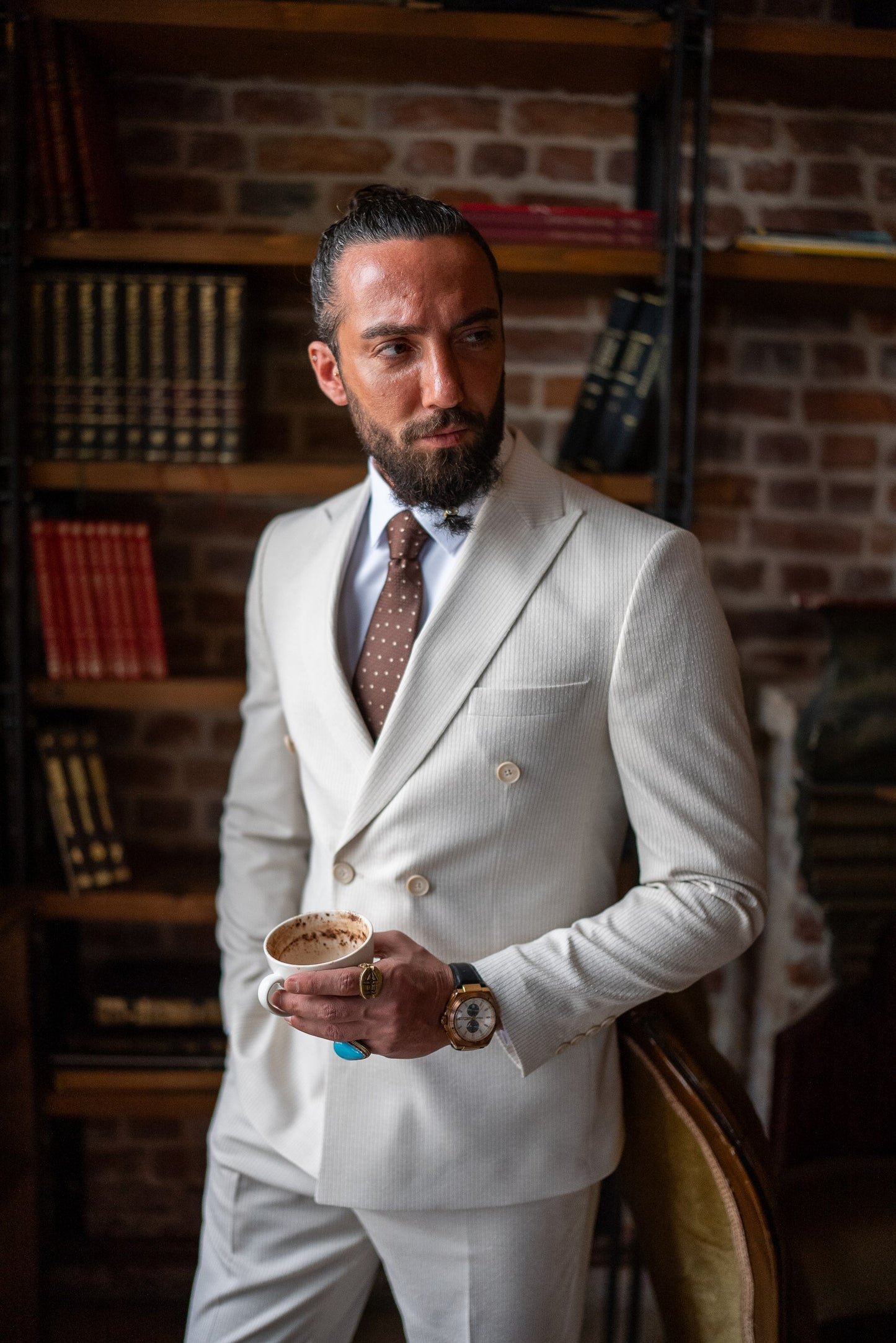 Beige Striped Detailed Double Breasted Suit