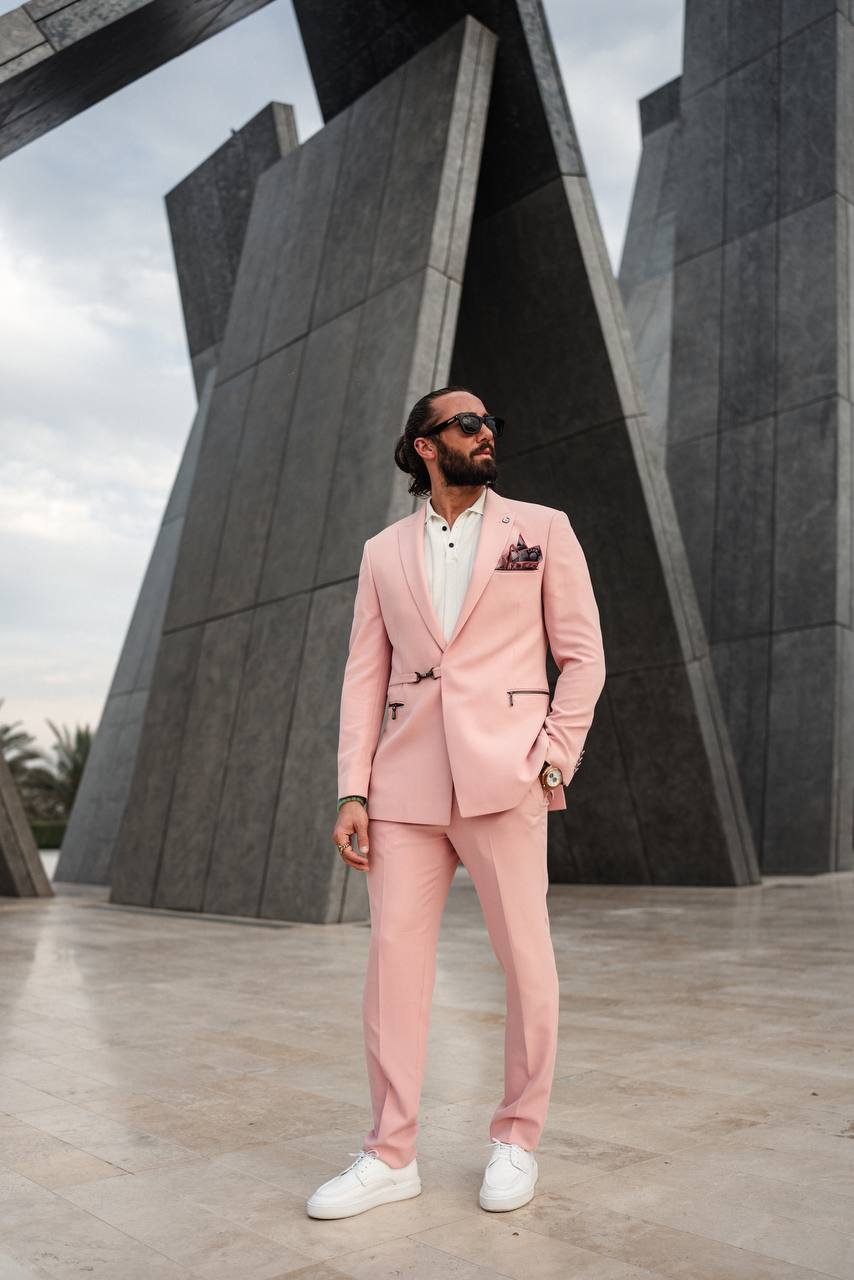 Men's Pink Zipper 2 Piece Slim Fit Suit
