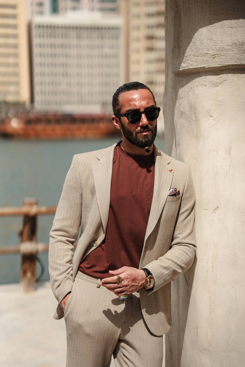 BEIGE SELF-PATTERNED MONO COLLAR SUIT