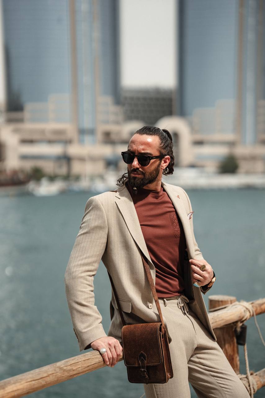 BEIGE SELF-PATTERNED MONO COLLAR SUIT