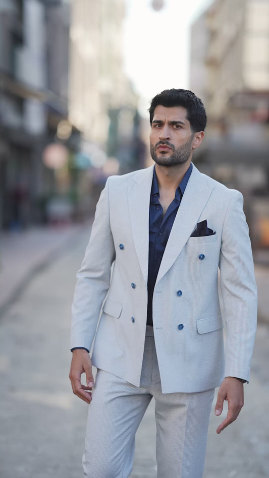 Blue Striped Detailed Double Breasted Suit